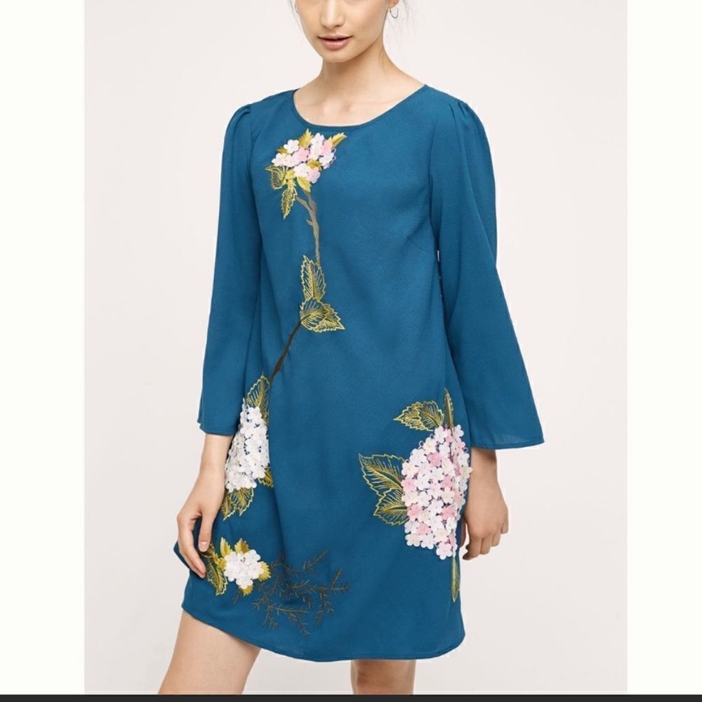 Anthropologie Varun Bahl Teal Hydrangea Swing Dress 2